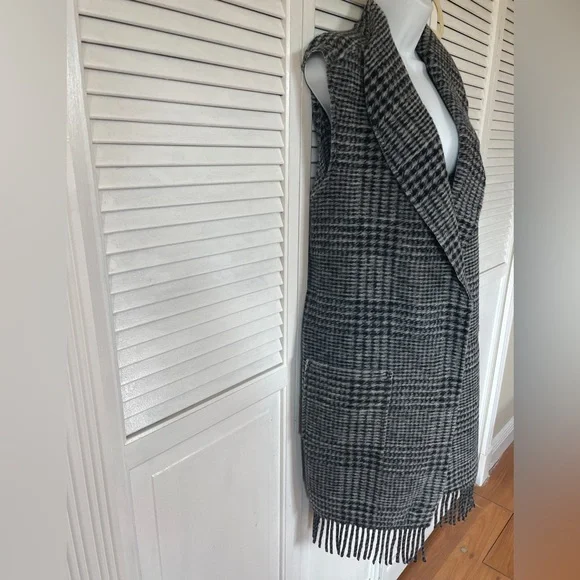 Black Gray Plaid Long Vest Plus Size XXL - Picture 8 of 12
